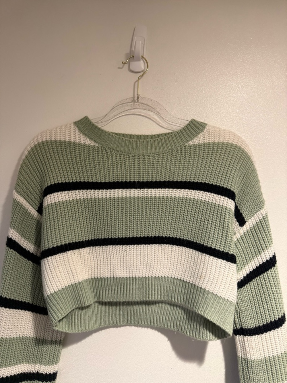 Striped Sage and Cream Cropped Knit Sweater